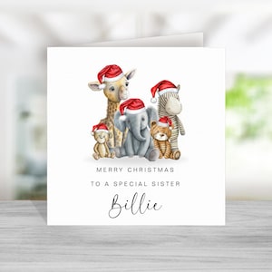 Personalisierte Safari Tiere Weihnachtskarte für Schwester - Weihnachtstier Karte für Schwester - Schwester Weihnachtskarte - Schwester Weihnachtskarte