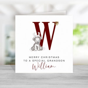 Biglietto di Natale con renna per nipote - Biglietto per nipote - Biglietto di Natale personalizzato per nipote - Biglietto di Natale con renna per nipote - Iniziale rossa