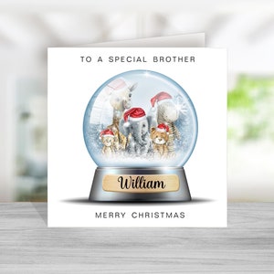 Gepersonaliseerde Brother-kerstkaart - Safari Animals Snowglobe - Kerstkaart voor jongens - Kerstkaart voor kinderen