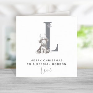Carte de Noël renne pour filleul - carte de renne pour filleul - carte de Noël filleul personnalisée - carte de Noël filleul - initiale grise