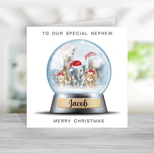 Gepersonaliseerde neef-kerstkaart - sneeuwbol safaridieren - kerstkaart voor jongens - kerstkaart voor kinderen