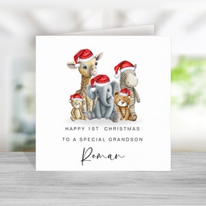 Biglietto di auguri di Natale personalizzato per il primo anno - Figlia Figlio Nipote Nipote Nipote Figlioccio Figlioccia Bambino Bambina - Animali del safari