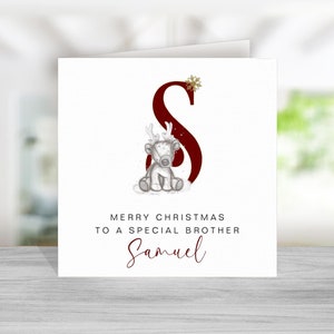 Biglietto di Natale con renna per fratello - Biglietto con renna per fratello - Biglietto di Natale personalizzato per fratello - Biglietto di Natale per fratello - Iniziale rossa