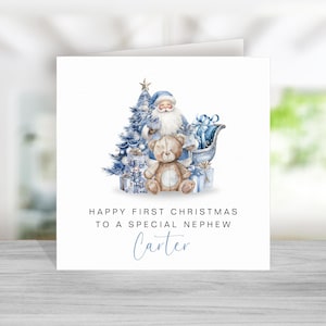Biglietto di auguri di Natale personalizzato per il primo anno - Figlio Nipote Nipote Figlia Nipote Figlioccio Figlioccia Ragazzi Ragazze Babbo Natale Blu Rosa
