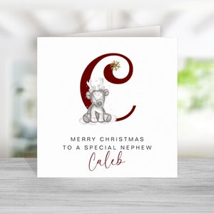 Carte de Noël renne pour neveu - carte de renne pour neveu - carte de Noël neveu personnalisée - carte de Noël renne neveu - initiale rouge