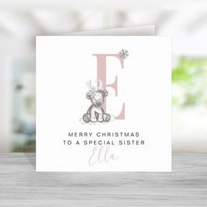 Biglietto di Natale con renna per sorella - Biglietto con renna per sorella - Biglietto di Natale personalizzato per sorella - Biglietto di Natale per sorella - Iniziale rosa