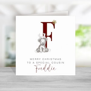 Cartão de Natal de rena para primo - Cartão de Natal de rena para primo - Cartão de Natal personalizado de primo - Cartão de Natal de rena para primo - Inicial vermelha