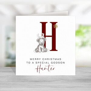 Biglietto di Natale con renna per figlioccio - Biglietto con renna per figlioccio - Biglietto di Natale personalizzato per figlioccio - Biglietto di Natale con renna per figlioccio - Iniziale rossa