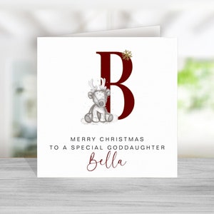 Biglietto di Natale con renna per figlioccia - Biglietto di Natale con renna per figlioccia - Biglietto di Natale personalizzato per figlioccia - Iniziale rossa