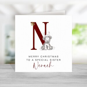 Biglietto di Natale con renna per sorella - Biglietto con renna per sorella - Biglietto di Natale personalizzato per sorella - Biglietto di Natale con renna per sorella - Iniziale rossa