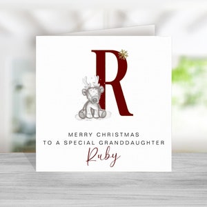 Biglietto di Natale con renna per nipote - Biglietto con renna per nipote - Biglietto di Natale personalizzato per nipote - Iniziale rossa