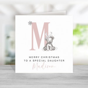 Carte de Noël renne pour fille - carte de renne pour fille - carte de Noël fille personnalisée - carte de Noël fille - initiale rose