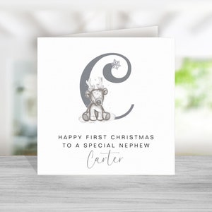 Biglietto di auguri di Natale personalizzato con renna - Figlio, nipote, nipote, figlia, nipote, figlioccio, figlioccia, ragazzo, ragazza - Iniziale grigia
