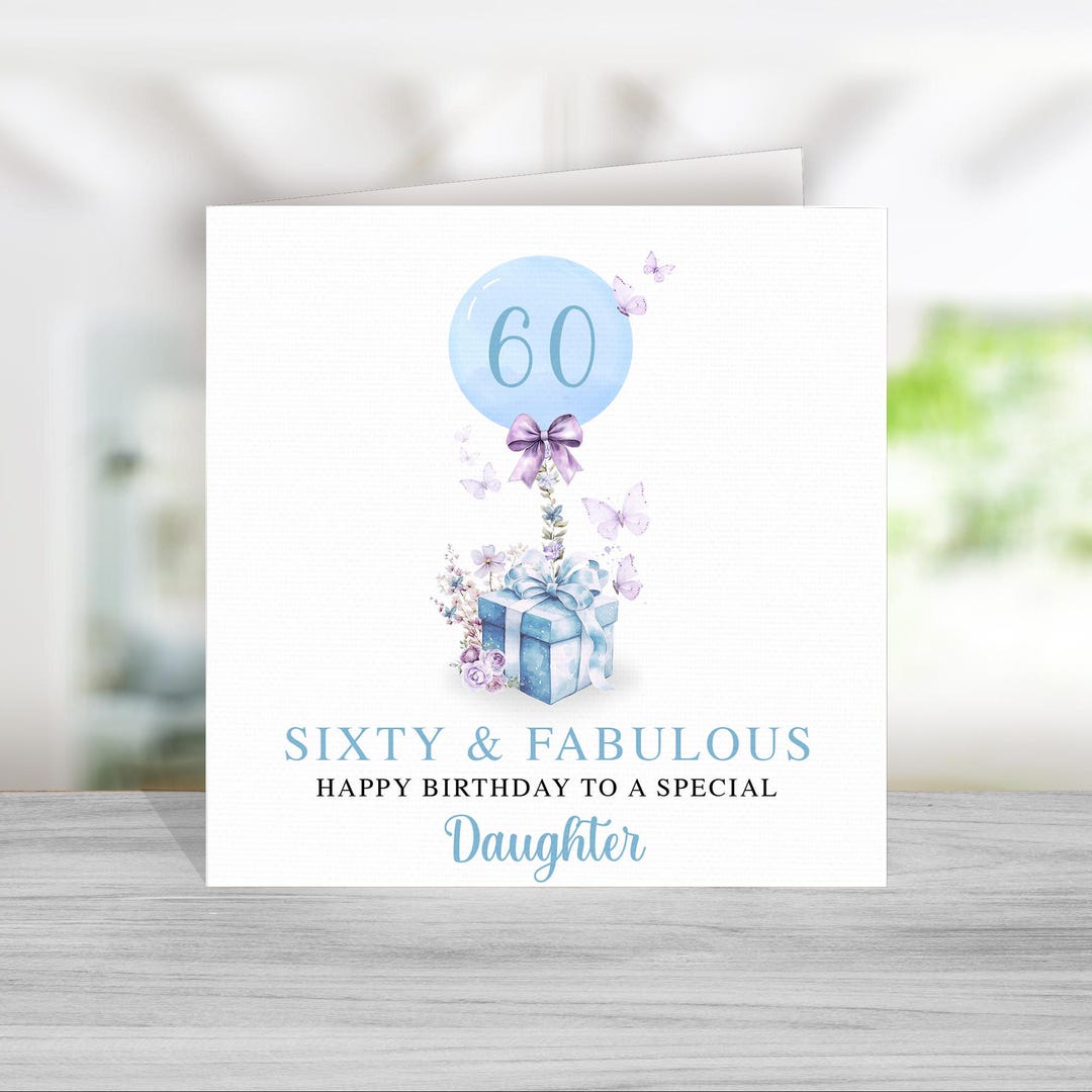 Biglietto Auguri 60° Compleanno Per Figlia - Design Floreale Con Palloncini E Farfalle, Dettagli In Rame, Formato 227x155 Mm