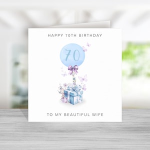 Cartão de aniversário de 70 anos para esposa - Cartão de aniversário de 70 anos azul e roxo para esposa - Cartão de aniversário de 70 anos para esposa - Cartão de aniversário para esposa - Presente de aniversário para esposa