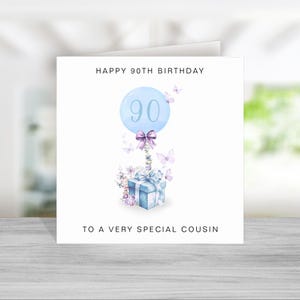 Cartão de aniversário de 90 anos do primo - Azul Roxo Cartão de aniversário de 90 anos para primo - Cartão de aniversário de 90 anos do primo - Presente de aniversário do primo - Primo