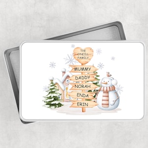 Personalised Christmas Treats Tin - Novelty Chocolates Sweets Box - Christmas Storage Tin - Christmas Gifts For Boys Girls - Family Snowman