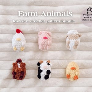 May include: A collection of six crocheted farm animal egg shakers, including a chicken, pig, sheep, horse, cow, and chick. The text "Farm Animals low-sew crochet pattern bundle" is displayed above the animals. The design is intended for musical egg shakers.