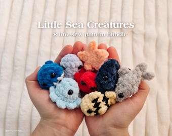 Zestaw wzorów na breloki z małymi stworzeniami morskimi, szytymi nisko | 8 w 1 | Plik PDF Amigurumi w języku angielskim