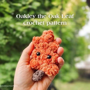 May include: A crocheted oak leaf pattern in orange, held in a hand. The leaf has black eyes and a small brown stem. Text on the image reads "Oakley the Oak Leaf crochet pattern".