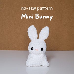May include: A white crocheted mini bunny with black eyes and a pink nose. The bunny is sitting on a white surface. The text "no-sew pattern Mini Bunny" is written above the bunny.