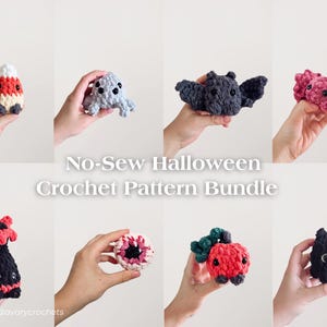 May include: A collection of handmade crochet Halloween decorations, including a candy corn, ghost, bat, and other spooky creatures. The text "No-Sew Halloween Crochet Pattern Bundle" is displayed. The items are held in hands.