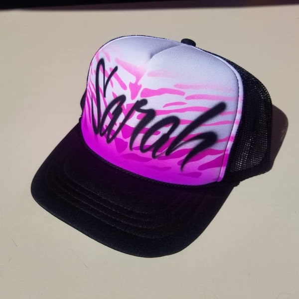 Personalized Airbrushed Trucker Hat, Airbrush Name trucker mesh snapback, Tiger print