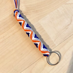 Boondoggle blauw, wit en oranje sleutelhanger met Lanyard gimp sleutelhanger, rexlace kunststof veter koord Lanyard, gimp rits pull