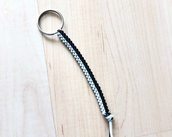 Black and white keychain, boondoggle keychain, plastic keychain, gimp zipper pull, boondoggle zipper pull, rexlace lanyard, string key chain
