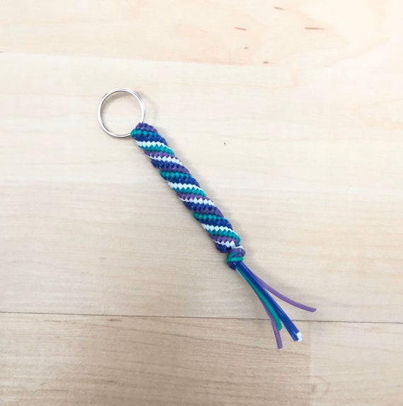Boondoggle keychain, string keychain, plastic lacing key chain, blue,  purple and white keychain, colorful keychain