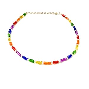 Op de afbeelding: Een kleurrijke kralenketting met een regenboog aan kleuren, waaronder rood, oranje, geel, groen, blauw en paars. De ketting is geregen op een zilveren ketting en is een delicaat sieraad.