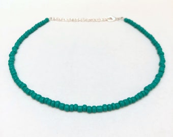 Turquoise bead necklace, beaded turquoise choker, boho turquoise choker, large seed bead choker, teal seed bead necklace, gift for her