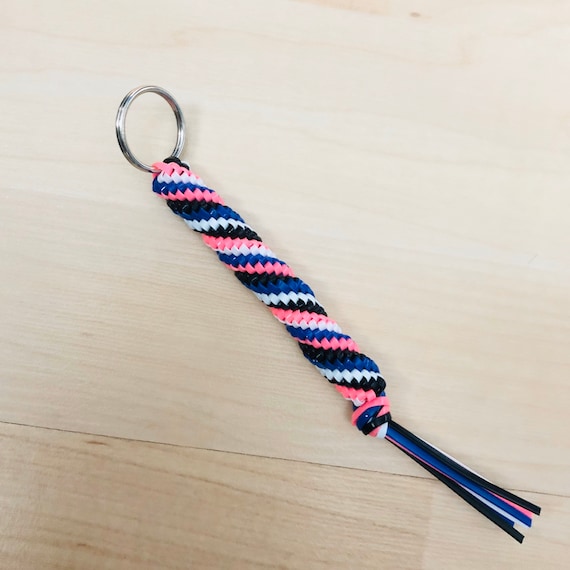 Boondoggle keychain, string keychain, plastic lacing key chain, blue, pink,  and white keychain, colorful keychain