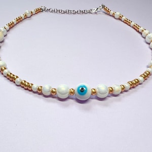 Evil eye necklace, freshwater pearl necklace, gold pearl necklace, white gold necklace, white evil eye, turquoise and gold choker, boho