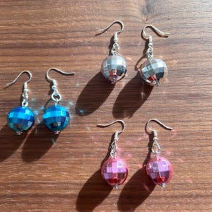 Disco ball earrings, pink disco ball earrings, blue disco, pink club, party earrings, disco jewelry, 70s earrings, bachelorette party, gift