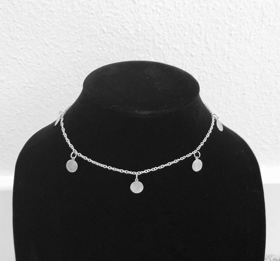 Silver Circle Charm Drop Necklace Silver Circle Choker Drop Etsy