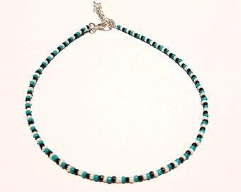 Turquoise bead necklace, turquoise choker, teal bead necklace, turquoise necklace gift for her, black and white necklace, seed bead necklace
