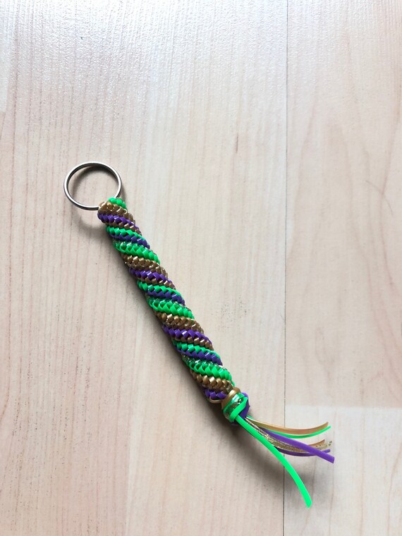 Green, Purple, and Gold Boondoggle Keychain, Rexlace Lanyard String Keychain,  Green and Gold Zipper Pull, Gimp Keychain, Plastic Lacing 