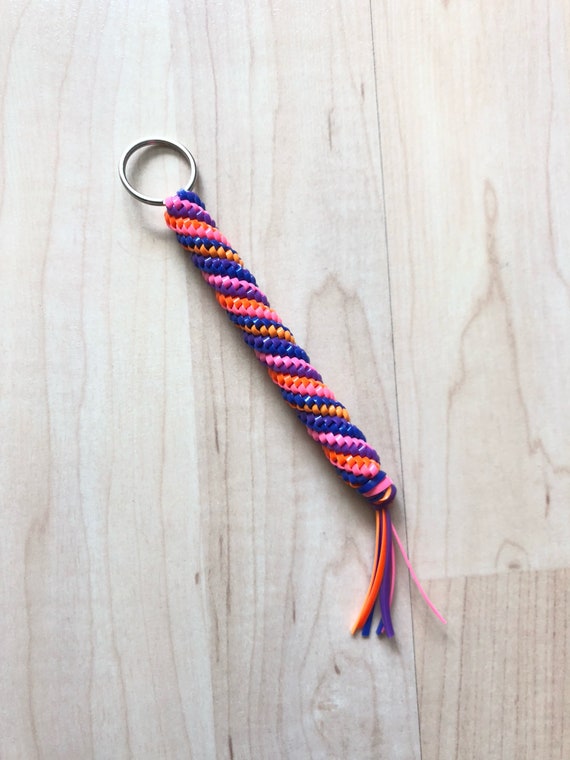 Boondoggle keychain, string keychain, plastic lacing key chain, blue, pink,  and white keychain, colorful keychain