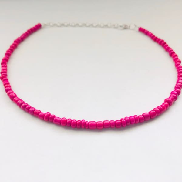 Hot pink necklace, pink beaded necklace, neon pink necklace, grad gift for her, gift for friend, magenta choker, neon choker, 90s choker