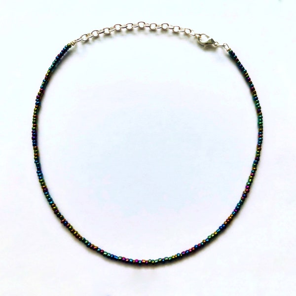 Black rainbow choker, iridescent necklace bead choker, thin seed bead choker, iridescent minimalist choker necklace, gift for friend choker