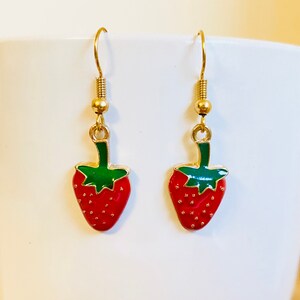 Strawberry earrings, enamel charm earrings, fruity jewelry, earrings for summer, strawberry charms, gift for friend, cherry earrings
