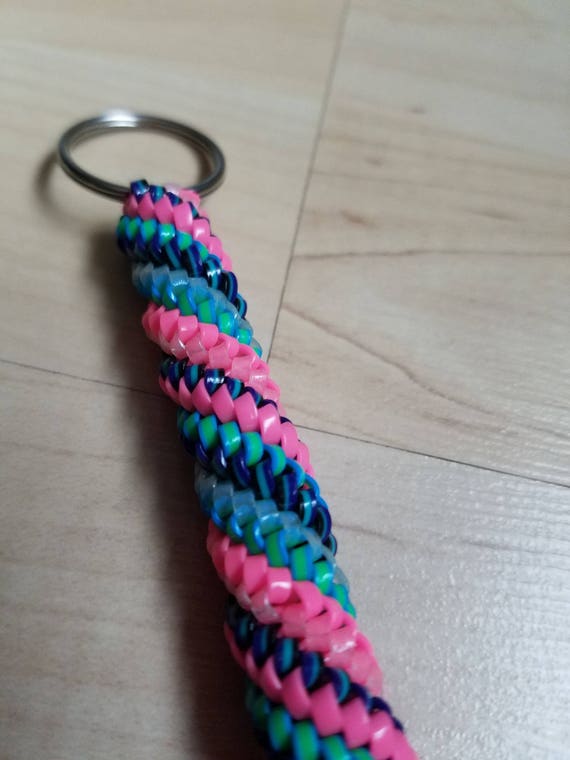 Pink, Green, and Blue Spiral Rexlace Plastic Lacing Boondoggle Key