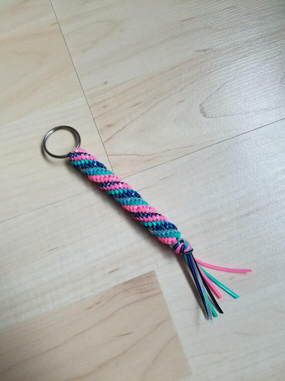 Pink, Green, and Blue Spiral Rexlace Plastic Lacing Boondoggle Key