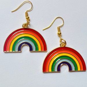 Rainbow earrings, gold plated earrings, big rainbow jewelry, lgbtq earrings, pride jewelry, dangle rainbow earrings, graduation gift, lgbtq