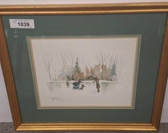 Ed Kitchen Edición Limitada Acuarela SN 98/200 Impresión Patinadores sobre Hielo Invierno Firmada
