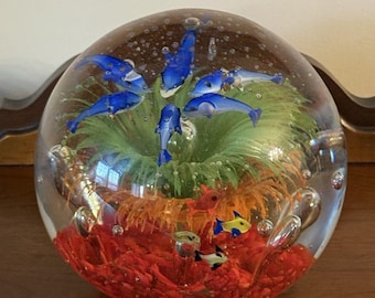 Murano Italian Large Round Glass Tropical Fish Aquarium Paperweight 7" Diameter
