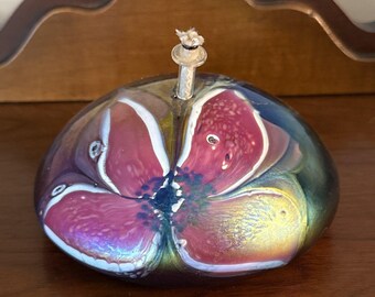 1989 Kas geblazen glas olielamp kaars bloem iriserend roze vintage