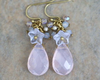 Pink Quartz Drops and Czech Flower Cluster Earrings, Swarovski Crystals, Pearls and Brass Earrings, Gift For Her Earrings