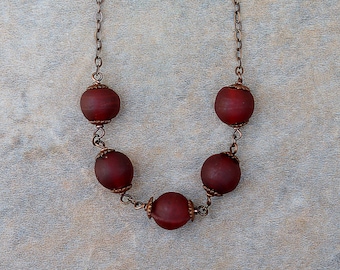 Dark Red Glass and Copper Chain Bib Necklace, Minimalist and Delicate Copper Chain